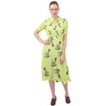 Black and white vector flowers at canary yellow Keyhole Neckline Chiffon Dress