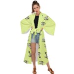 Black and white vector flowers at canary yellow Maxi Kimono