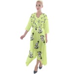 Black and white vector flowers at canary yellow Quarter Sleeve Wrap Front Maxi Dress