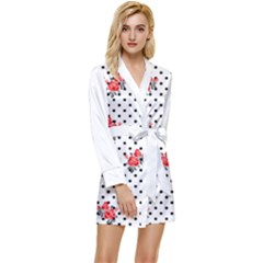 Red Vector Roses And Black Polka Dots Pattern Long Sleeve Satin Robe by Casemiro