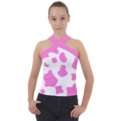 Pink Cow Spots, Large Version, Animal Fur Print In Pastel Colors Cross Neck Velour Top by Casemiro