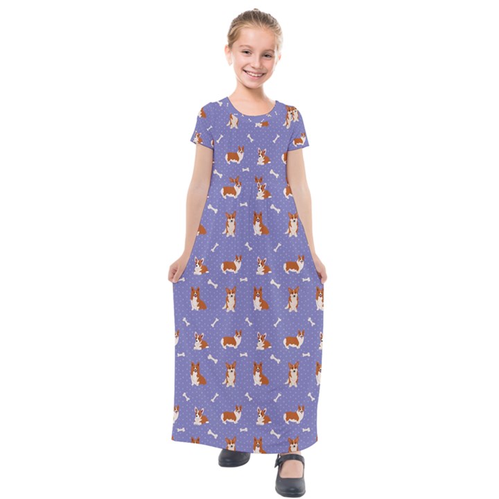 Cute Corgi Dogs Kids  Short Sleeve Maxi Dress