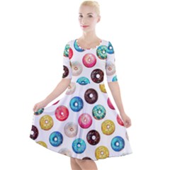 Delicious Multicolored Donuts On White Background Quarter Sleeve A-line Dress by SychEva