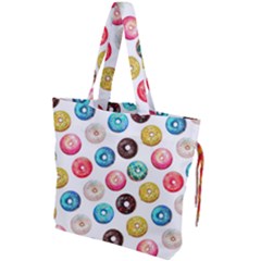 Delicious Multicolored Donuts On White Background Drawstring Tote Bag by SychEva