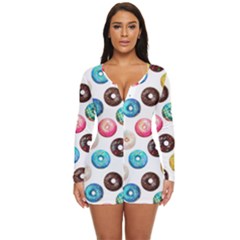 Delicious Multicolored Donuts On White Background Long Sleeve Boyleg Swimsuit by SychEva