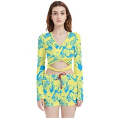 Yellow And Blue Leafs Silhouette At Sky Blue Velvet Wrap Crop Top And Shorts Set by Casemiro