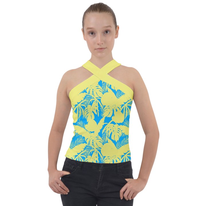Yellow and blue leafs silhouette at sky blue Cross Neck Velour Top