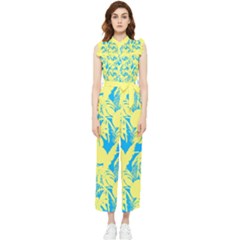 Yellow And Blue Leafs Silhouette At Sky Blue Women s Frill Top Jumpsuit by Casemiro