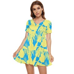 Yellow And Blue Leafs Silhouette At Sky Blue Tiered Short Sleeve Mini Dress by Casemiro