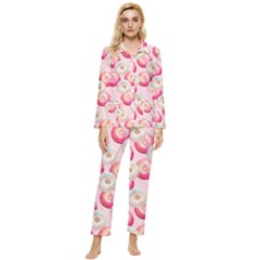 Pink And White Donuts Womens  Long Sleeve Pocket Pajamas Set by SychEva