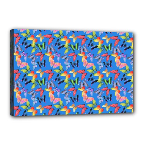 Multicolored Butterflies Fly On A Blue Background Canvas 18  X 12  (stretched) by SychEva