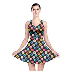 Multicolored Donuts On A Black Background Reversible Skater Dress by SychEva