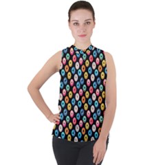 Multicolored Donuts On A Black Background Mock Neck Chiffon Sleeveless Top by SychEva