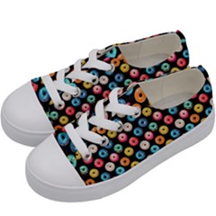 Multicolored Donuts On A Black Background Kids  Low Top Canvas Sneakers by SychEva