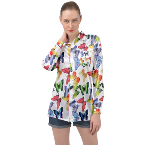 Bright Butterflies Circle In The Air Long Sleeve Satin Shirt by SychEva