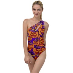 Purple And Orange Pumpkins, Crazy Halloween Pattern, Jack O  Lantern To One Side Swimsuit by Casemiro