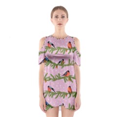 Bullfinches Sit On Branches On A Pink Background Shoulder Cutout One Piece Dress by SychEva