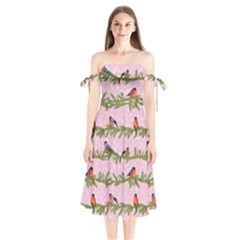 Bullfinches Sit On Branches On A Pink Background Shoulder Tie Bardot Midi Dress by SychEva
