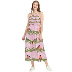 Bullfinches Sit On Branches On A Pink Background Boho Sleeveless Summer Dress by SychEva