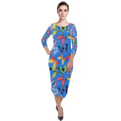 Bright Butterflies Circle In The Air Quarter Sleeve Midi Velour Bodycon Dress by SychEva