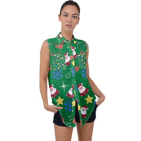 Santa Green Sleeveless Chiffon Button Shirt by InPlainSightStyle