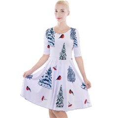 Christmas Trees And Bullfinches Quarter Sleeve A-line Dress by SychEva