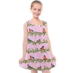 Bullfinches Sit On Branches On A Pink Background Kids  Cross Back Dress by SychEva