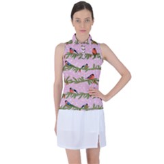 Bullfinches Sit On Branches On A Pink Background Women s Sleeveless Polo Tee by SychEva