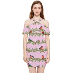 Bullfinches Sit On Branches On A Pink Background Shoulder Frill Bodycon Summer Dress by SychEva