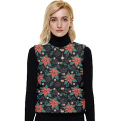 Large Christmas Poinsettias On Black Women s Short Button Up Puffer Vest by PodArtist