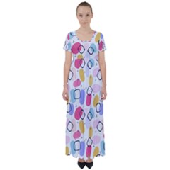 Abstract Multicolored Shapes High Waist Short Sleeve Maxi Dress by SychEva