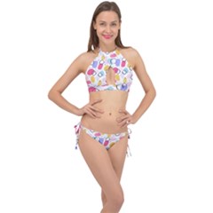 Abstract Multicolored Shapes Cross Front Halter Bikini Set by SychEva