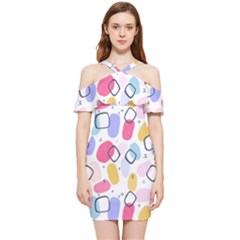Abstract Multicolored Shapes Shoulder Frill Bodycon Summer Dress by SychEva