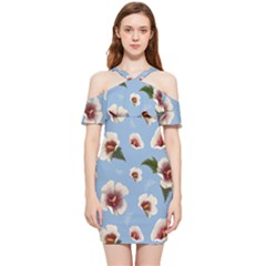 Hibiscus Flowers Shoulder Frill Bodycon Summer Dress by SychEva