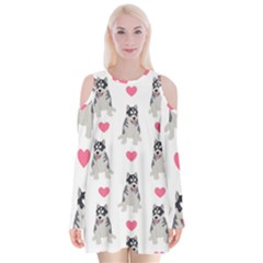 Little Husky With Hearts Velvet Long Sleeve Shoulder Cutout Dress by SychEva