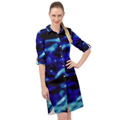 Blue Waves Abstract Series No8 Long Sleeve Mini Shirt Dress by DimitriosArt