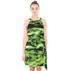 Green  Waves Abstract Series No11 Halter Collar Waist Tie Chiffon Dress by DimitriosArt