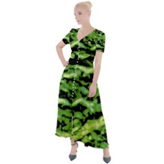 Green  Waves Abstract Series No11 Button Up Short Sleeve Maxi Dress by DimitriosArt