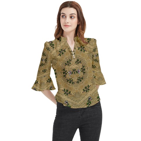 Wood Art With Beautiful Flowers And Leaves Mandala Loose Horn Sleeve Chiffon Blouse by pepitasart