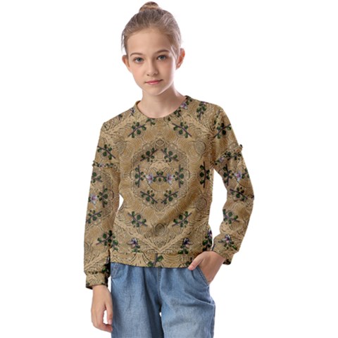 Wood Art With Beautiful Flowers And Leaves Mandala Kids  Long Sleeve Tee With Frill  by pepitasart