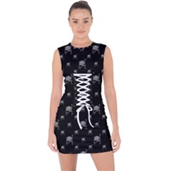 Grey And Black Alien Dancing Girls Drawing Pattern Lace Up Front Bodycon Dress by dflcprintsclothing