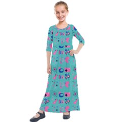 50s Diner Print Mint Green Kids  Quarter Sleeve Maxi Dress by InPlainSightStyle