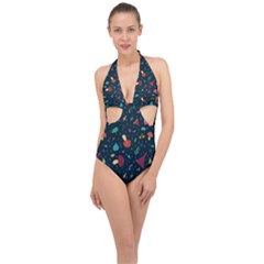 Bright Mushrooms Halter Front Plunge Swimsuit by SychEva