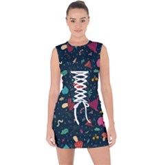 Bright Mushrooms Lace Up Front Bodycon Dress by SychEva