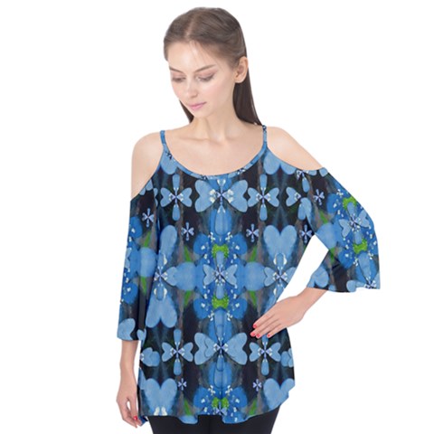 Rare Excotic Blue Flowers In The Forest Of Calm And Peace Flutter Sleeve Tee  by pepitasart