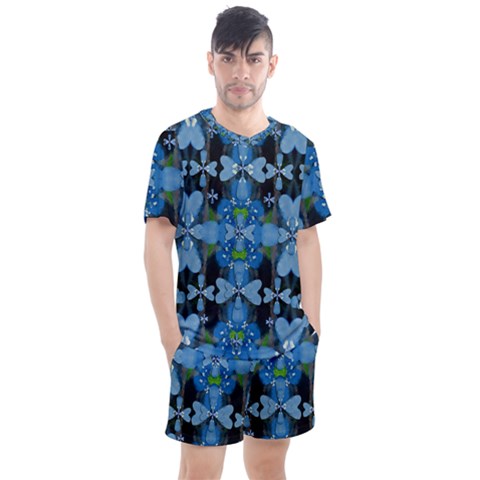 Rare Excotic Blue Flowers In The Forest Of Calm And Peace Men s Mesh Tee And Shorts Set by pepitasart