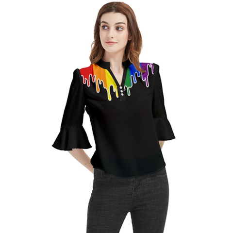 Gay Pride Flag Rainbow Drip On Black Blank Black For Designs Loose Horn Sleeve Chiffon Blouse by VernenInk