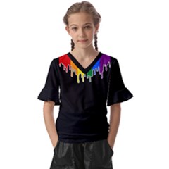 Gay Pride Flag Rainbow Drip On Black Blank Black For Designs Kids  V-neck Horn Sleeve Blouse by VernenInk