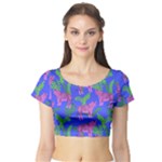 Pink Tigers On A Blue Background Short Sleeve Crop Top