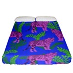 Pink Tigers On A Blue Background Fitted Sheet (Queen Size)